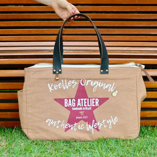 Bolsa Wallow Caramelo com Alça de Couro Preto com Zíper