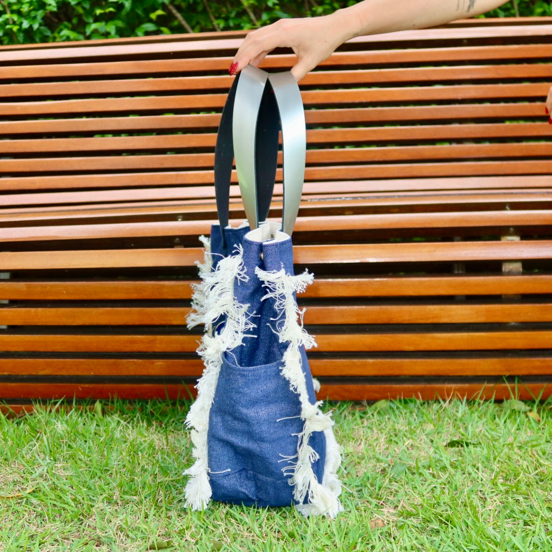 Bolsa Wallow Jeans com Alça de Couro Prata