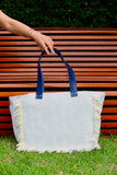 Bolsa Nuna Azul com Alças de Couro Marinho com Zíper