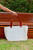 Bolsa Nuna Azul com Alças de Couro Marrom com Zíper