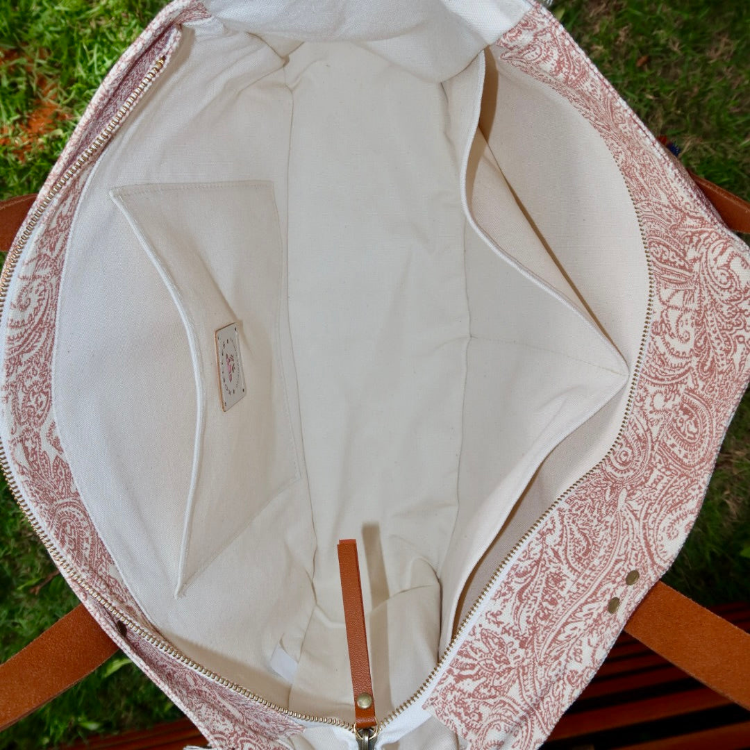 Bolsa Wallow Arabesque Terracota com Alça de Couro Marrom com Zíper