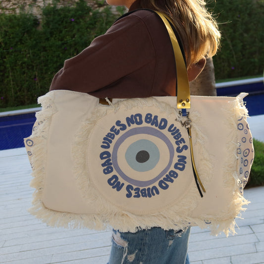 Bolsa Wallow Good Vibes Azul com Alça de Couro Dourado com Zíper