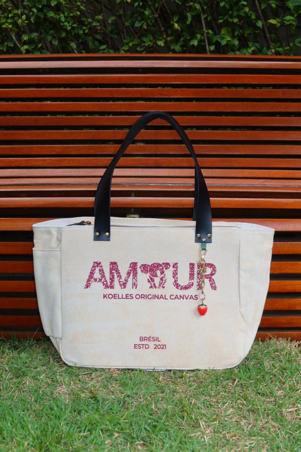 Bolsa Nuna Bege com Alças de Couro Preto com Zíper