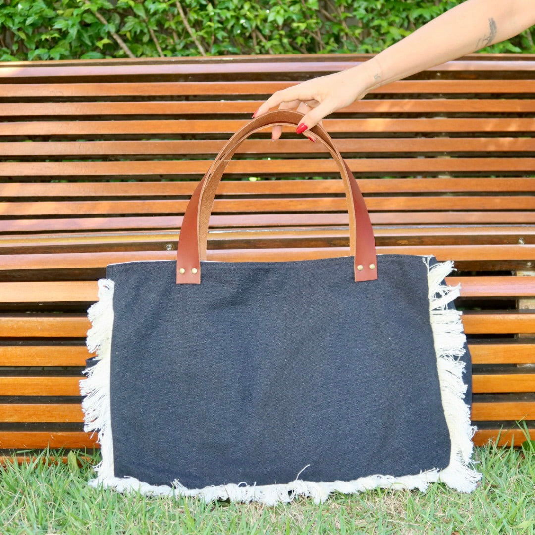 Bolsa Wallow Jeans Preto com Alça de Couro Marrom