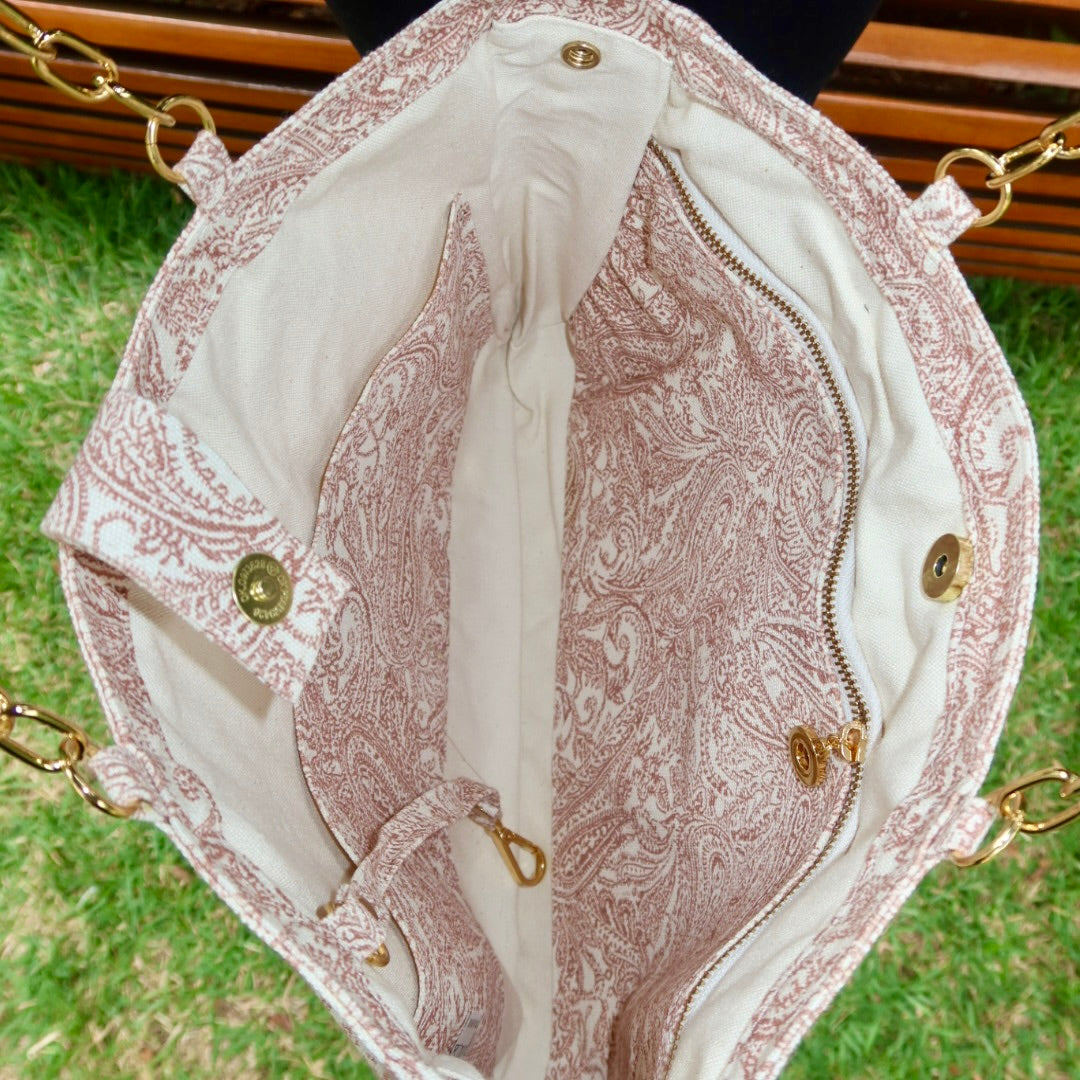 Bolsa Katrin Arabesque Terracota com Alças de Corrente e Couro Off White