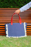 Bolsa Nuna Jeans com Alças de Couro Vermelho com Zíper