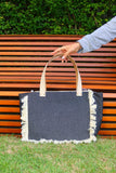Bolsa Nuna Jeans Preto com Alças de Couro Off White com Zíper