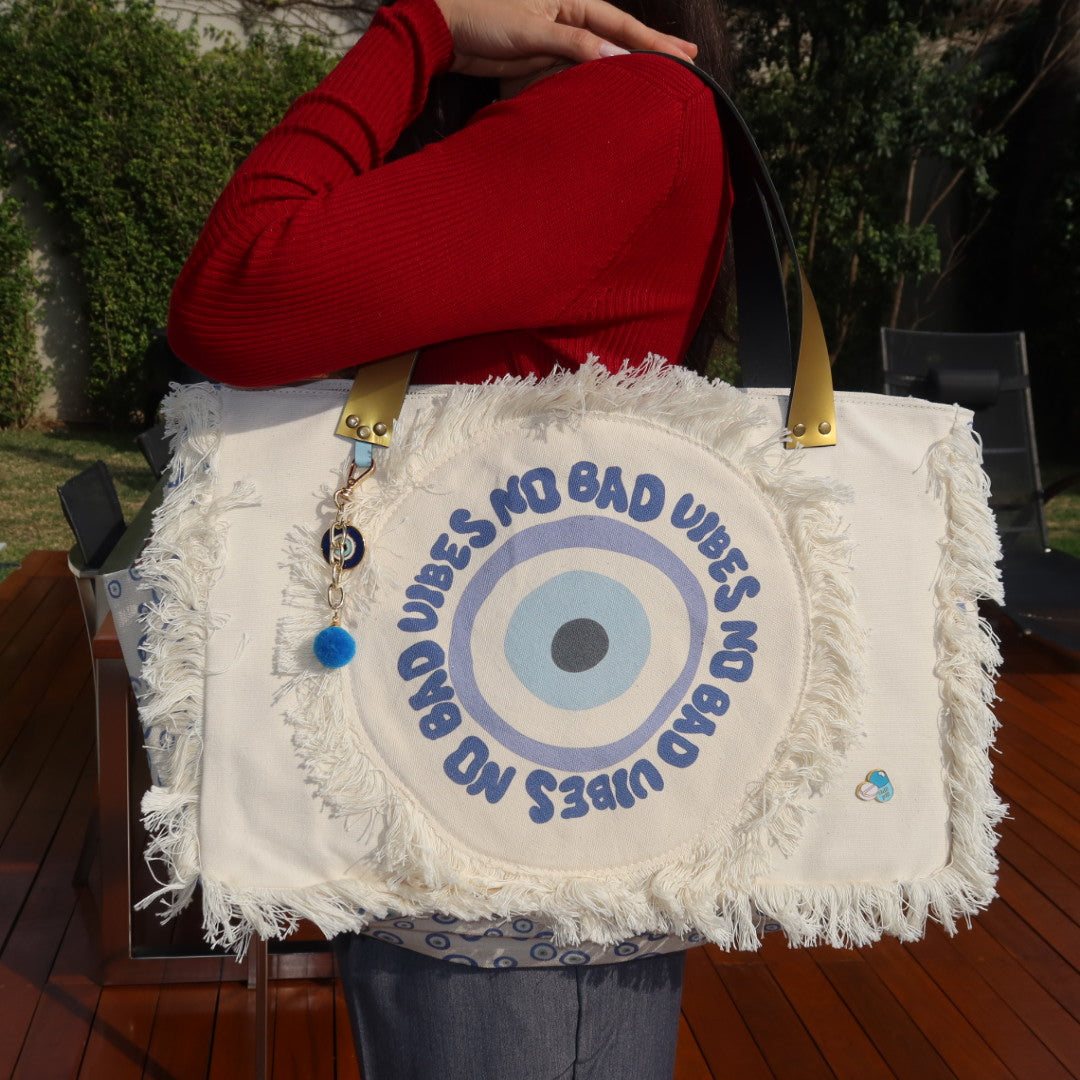 Bolsa Wallow Good Vibes Azul com Alça de Couro Dourado com Zíper