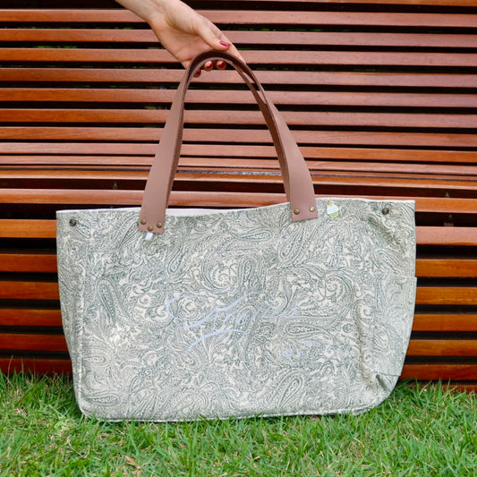 Bolsa Wallow Arabesque Verde com Alça de Couro Bege