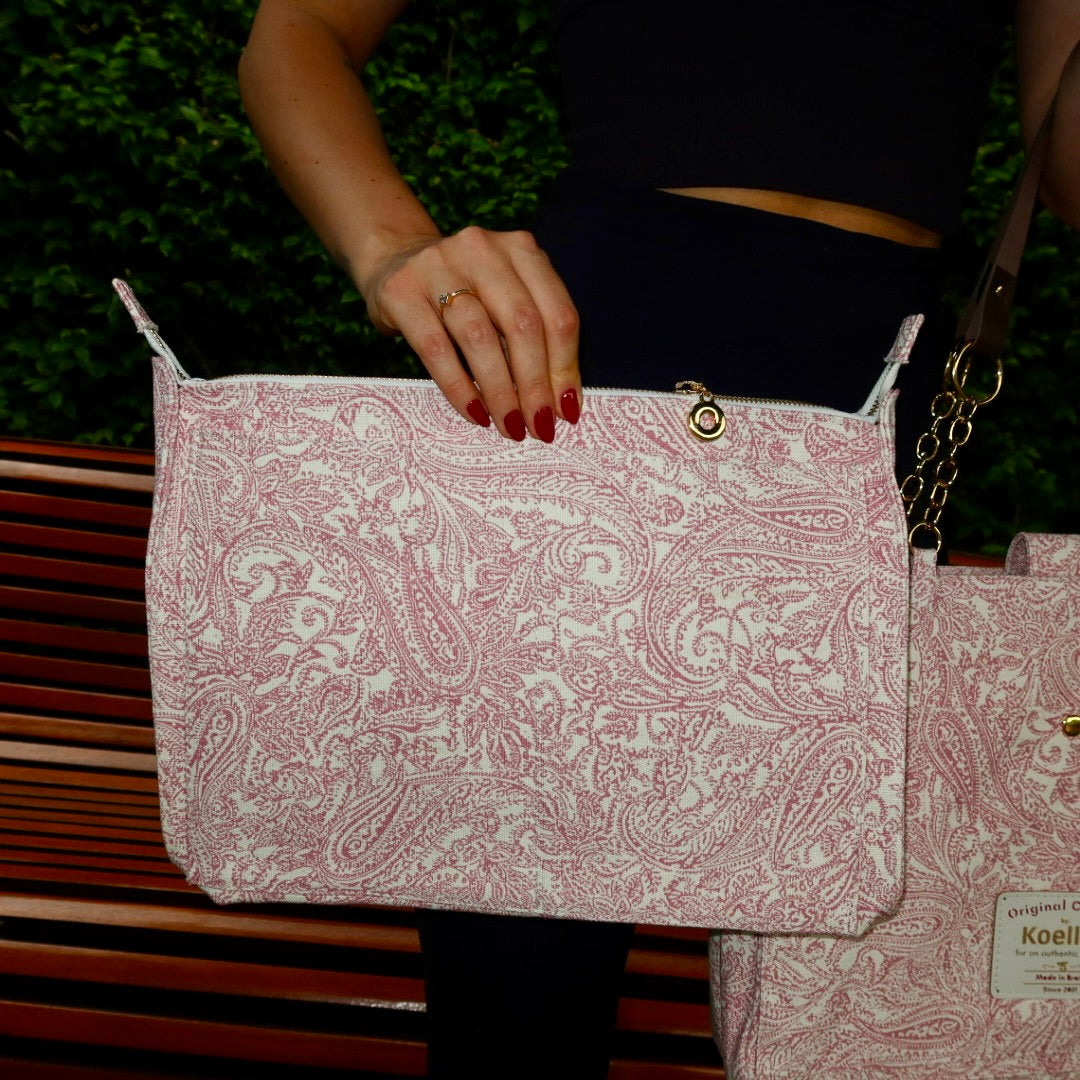 Bolsa Katrin Arabesque Rosa com Alças de Corrente e Couro Marrom Escuro