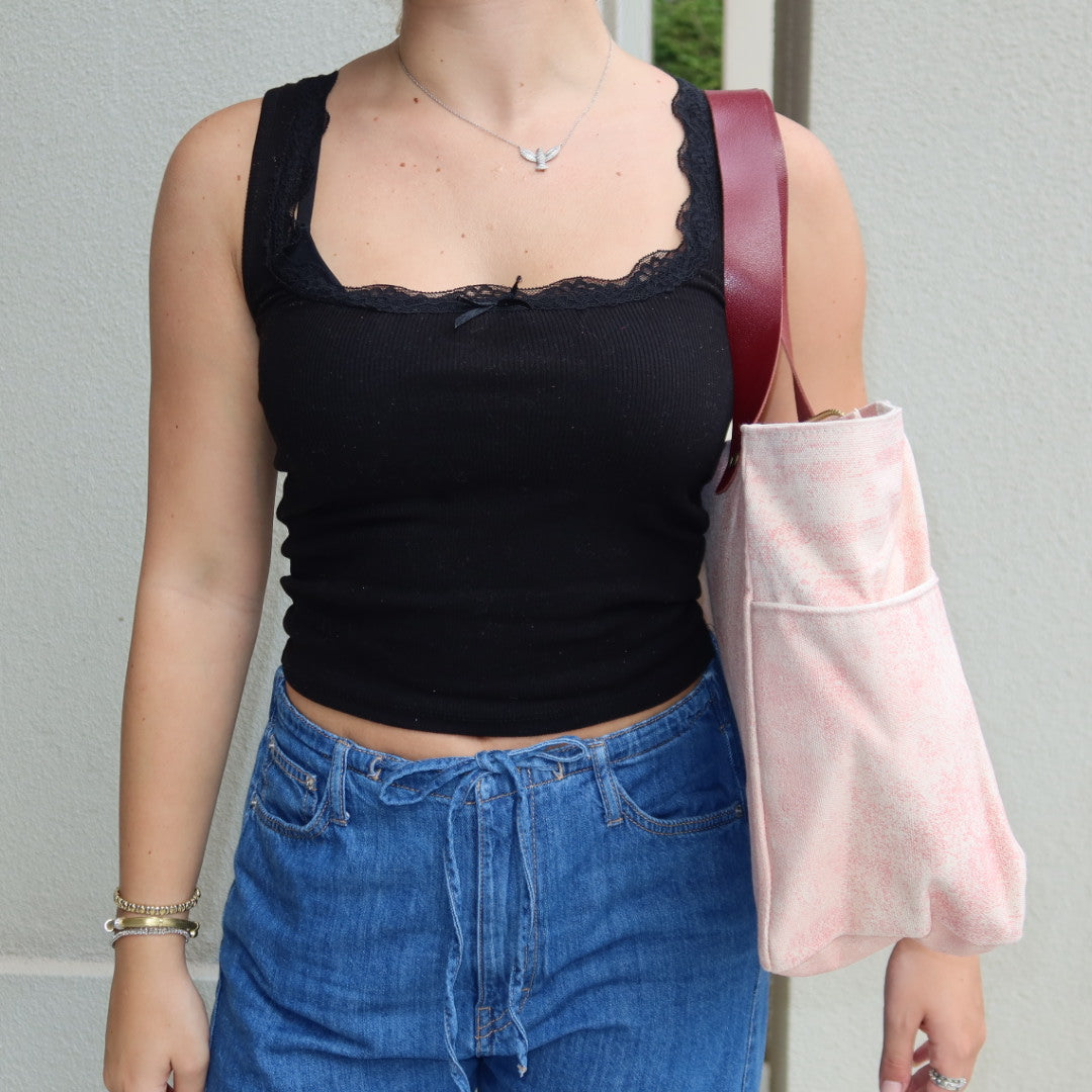 Bolsa Nuna Rosa com Alças de Couro Vinho