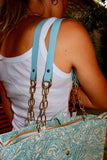 Bolsa Katrin Arabesque Turquesa com Alças de Corrente e Couro Azul Claro