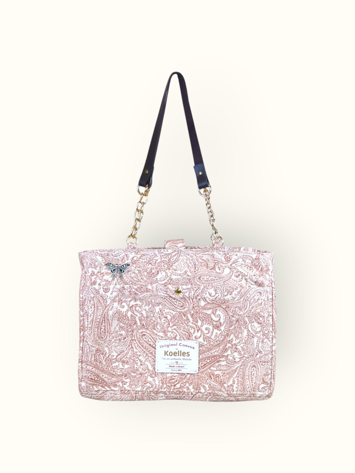 Bolsa Katrin Arabesque Terracota com Alças de Corrente e Couro Marrom Escuro