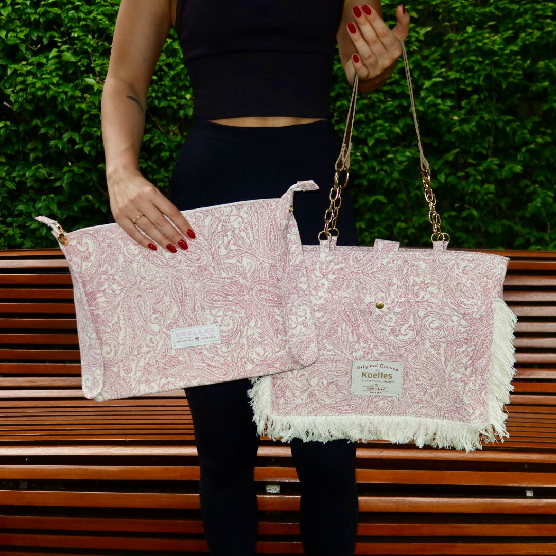 Bolsa Katrin Arabesque Rosa com Alças de Corrente e Couro Marrom