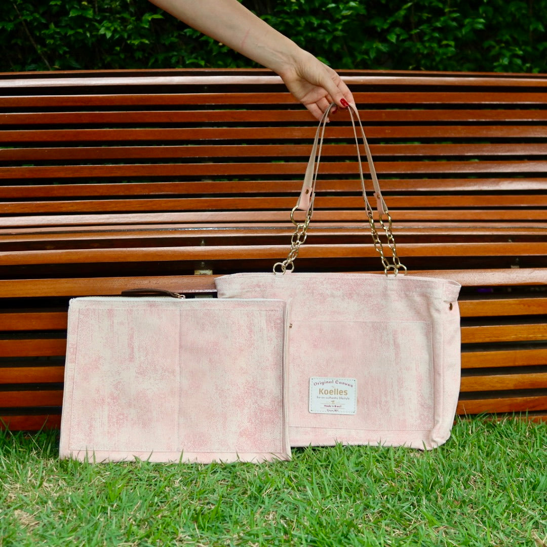 Bolsa Katrin Rosa com Alças de Corrente e Couro Rosa Claro