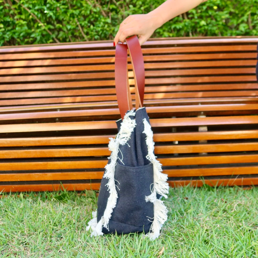 Bolsa Wallow Jeans Preto com Alça de Couro Marrom