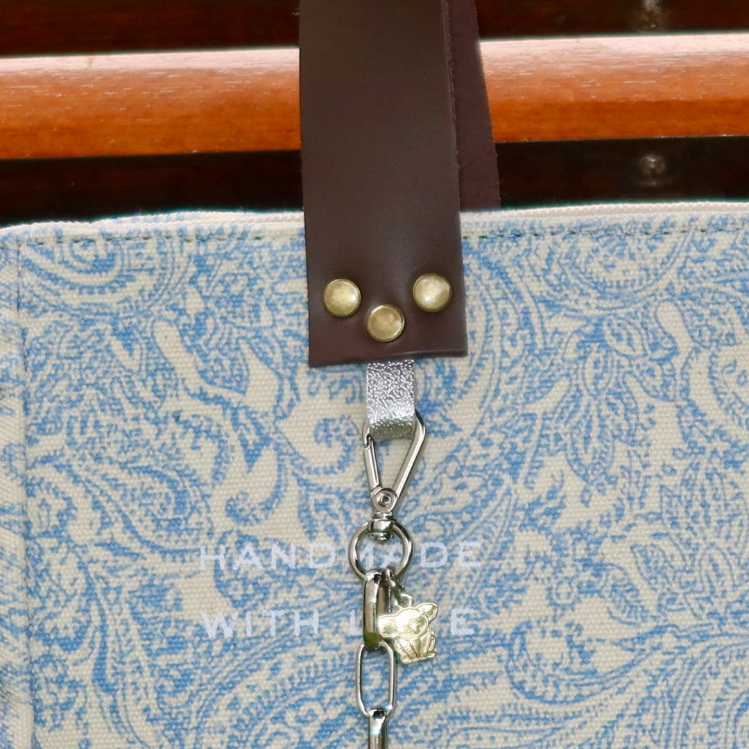 Bolsa Nuna Arabesque Azul com Alças de Couro Marrom Escuro