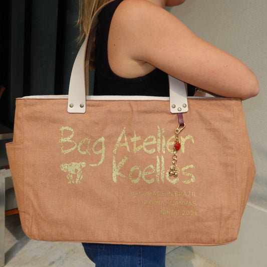 Bolsa Wallow Caramelo com Alça de Couro Off White com Zíper
