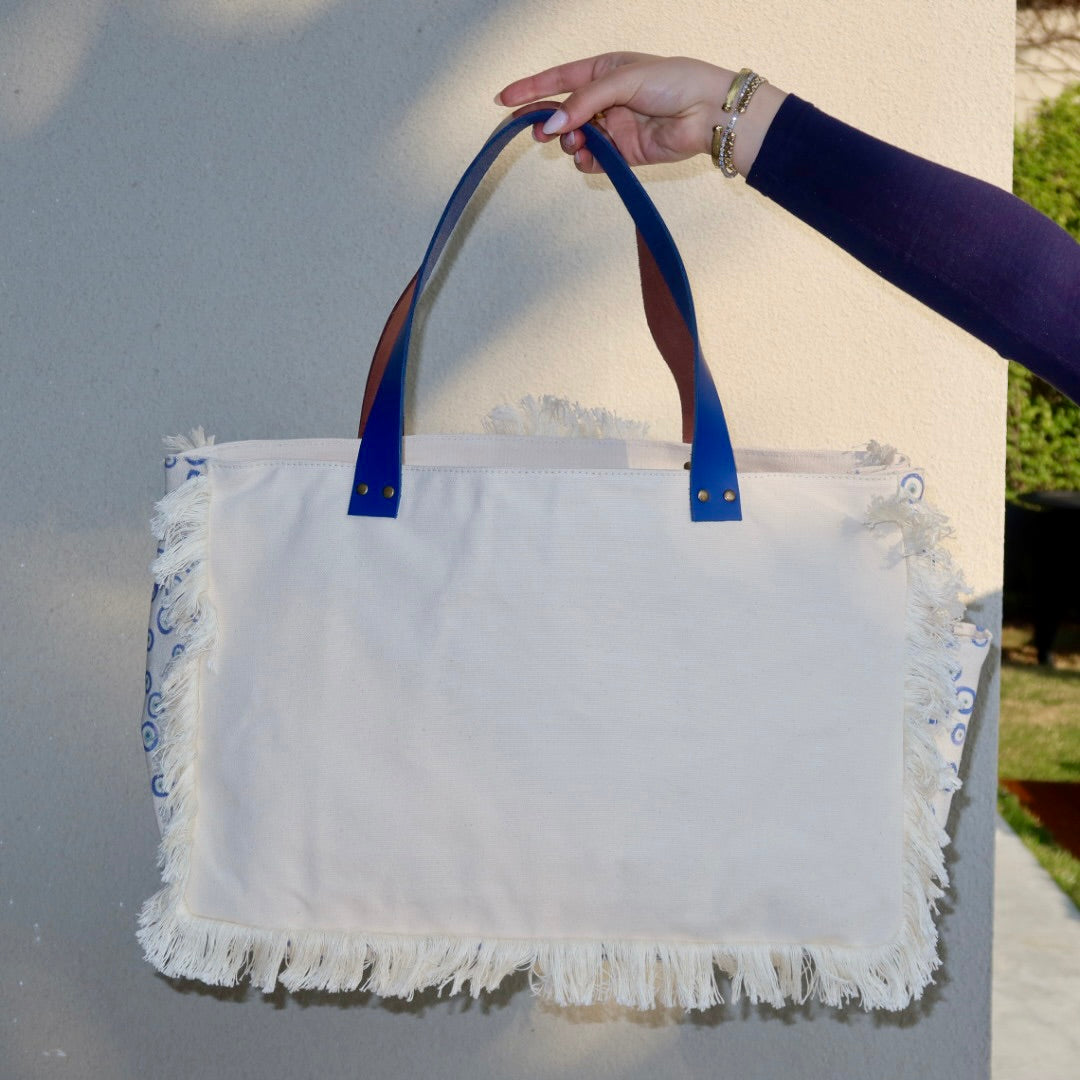 Bolsa Wallow Good Vibes Azul com Alça de Couro Azul e Marrom com Zíper