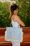 Bolsa Katrin Arabesque Azul com Alças de Corrente e Couro Bronze