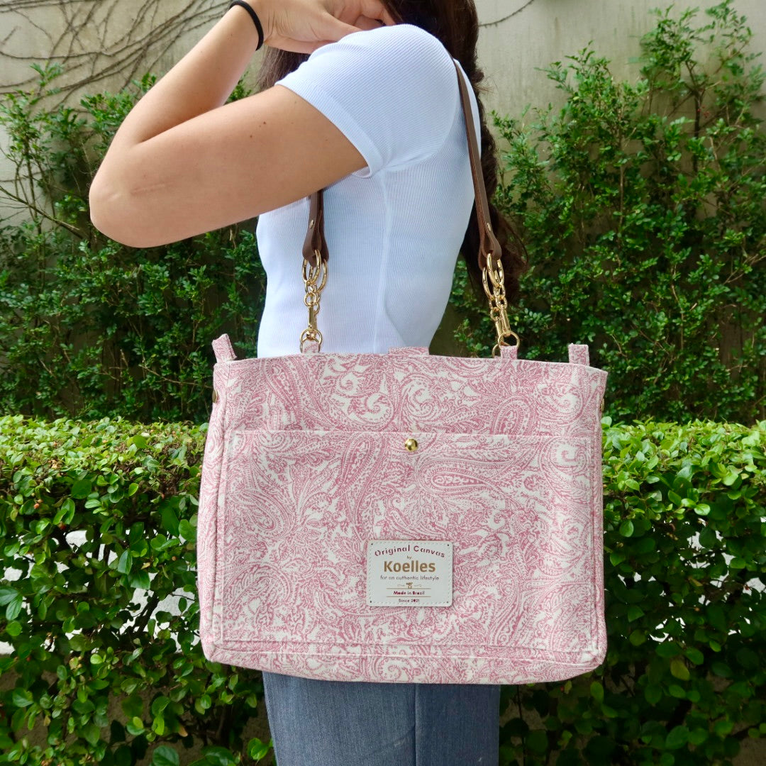 Bolsa Katrin Arabesque Rosa com Alças de Corrente e Couro Caramelo