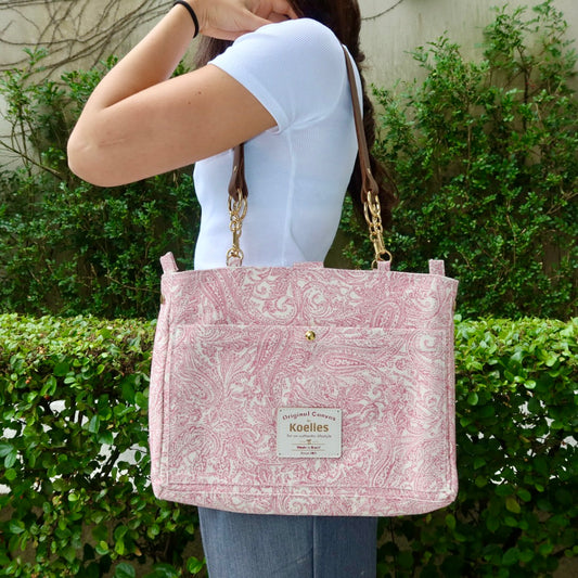 Bolsa Katrin Arabesque Rosa com Alças de Corrente e Couro Caramelo