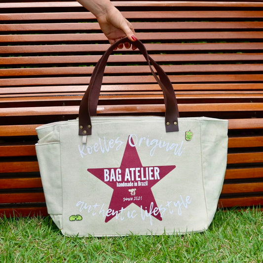 Bolsa Nuna Verde com Alças de Couro Marrom Escuro