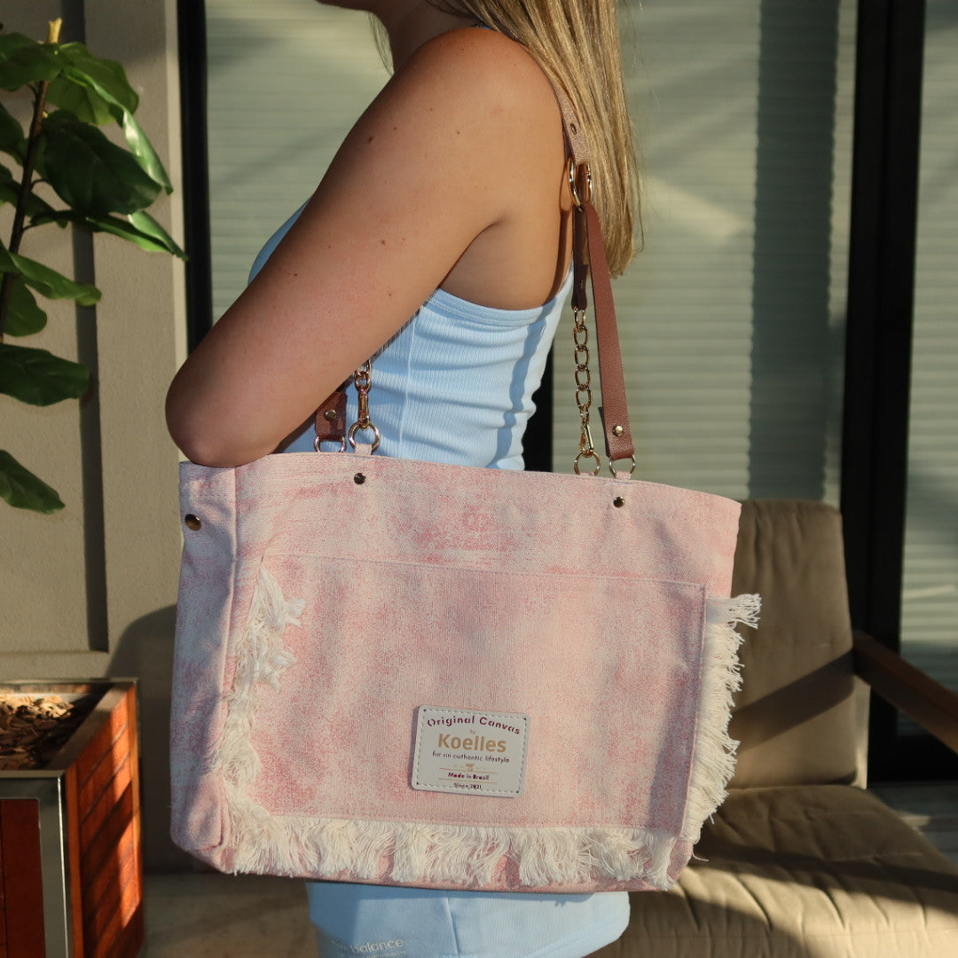 Bolsa Katrin Rosa com Alças de Corrente e Couro Rose Gold e Marrom