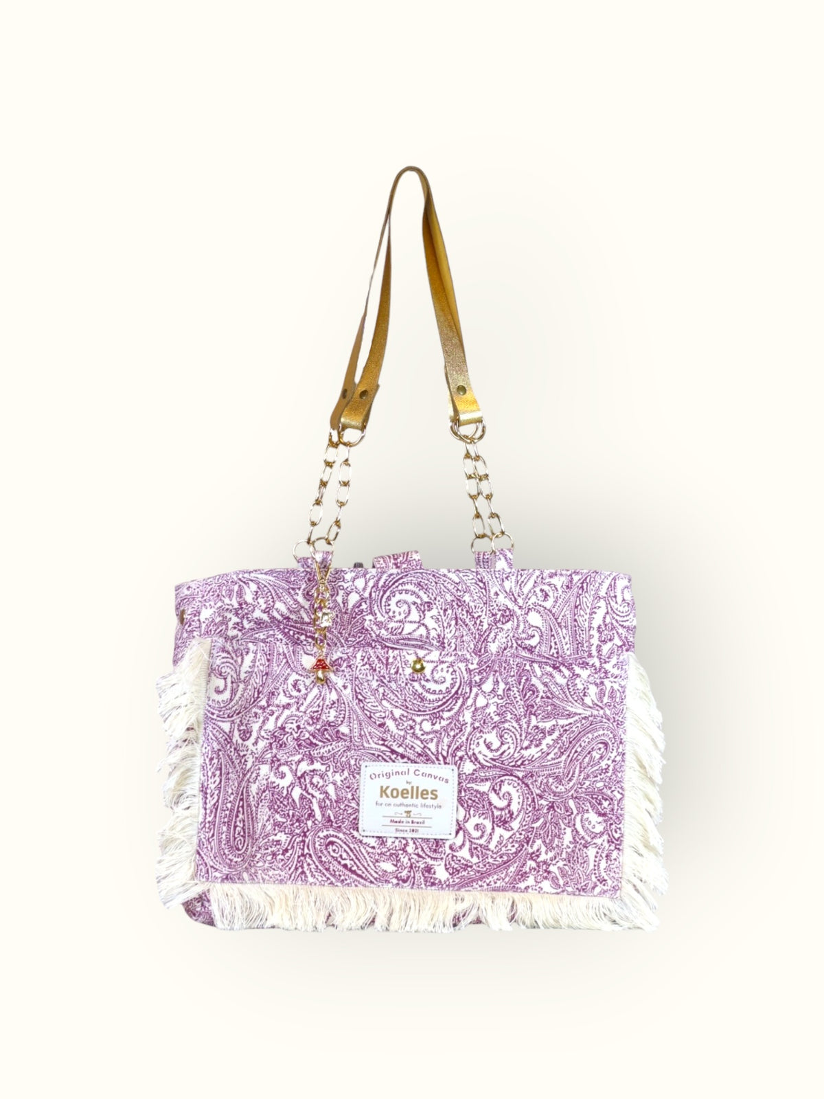 Bolsa Katrin Arabesque Vinho com Alças de Corrente e Couro Dourado