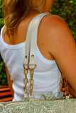 Bolsa Katrin Arabesque Verde com Alças de Corrente e Couro Off White