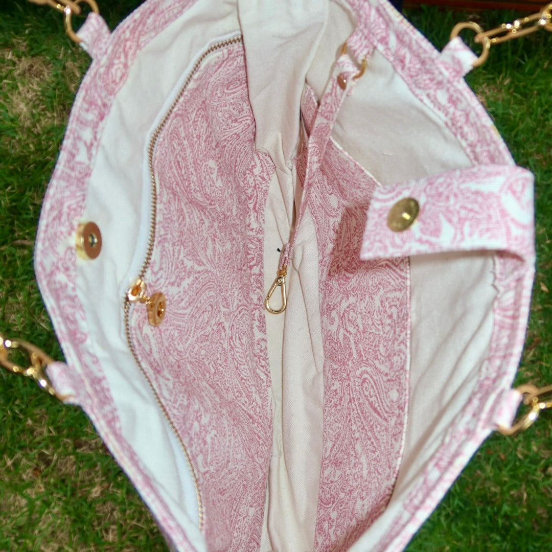 Bolsa Katrin Arabesque Rosa com Alças de Corrente e Couro Marrom