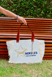 Bolsa Nuna Azul com Alças de Couro Marrom com Zíper