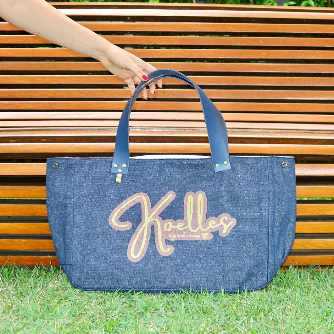 Bolsa Wallow Jeans Escuro com Alça de Couro Marinho