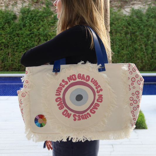 Bolsa Wallow Good Vibes Rosa com Alça de Couro Azul com Zíper