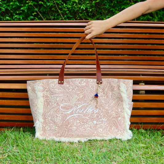 Bolsa Wallow Arabesque Terracota com Alça de Couro Marrom com Zíper