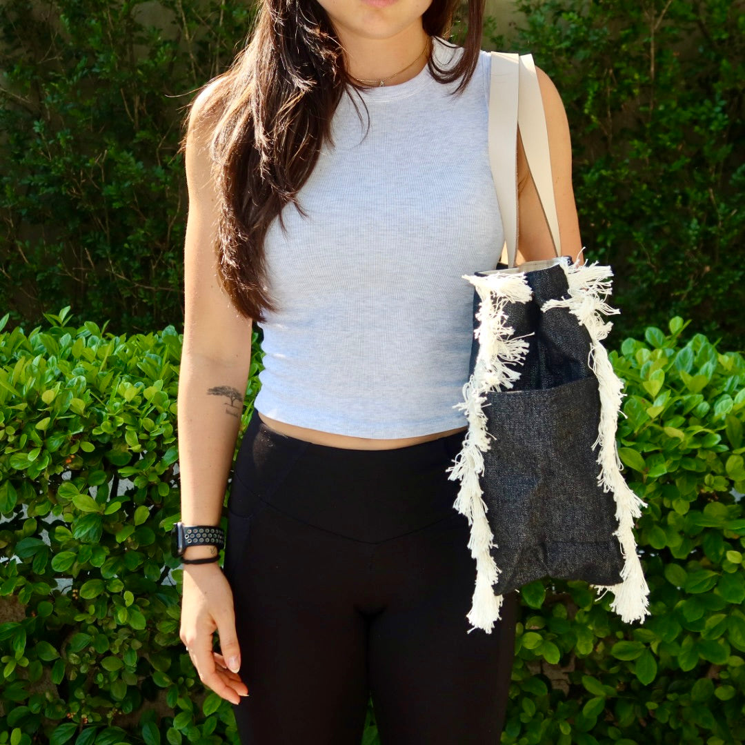 Bolsa Wallow Jeans Escuro com Alça de Couro Off White