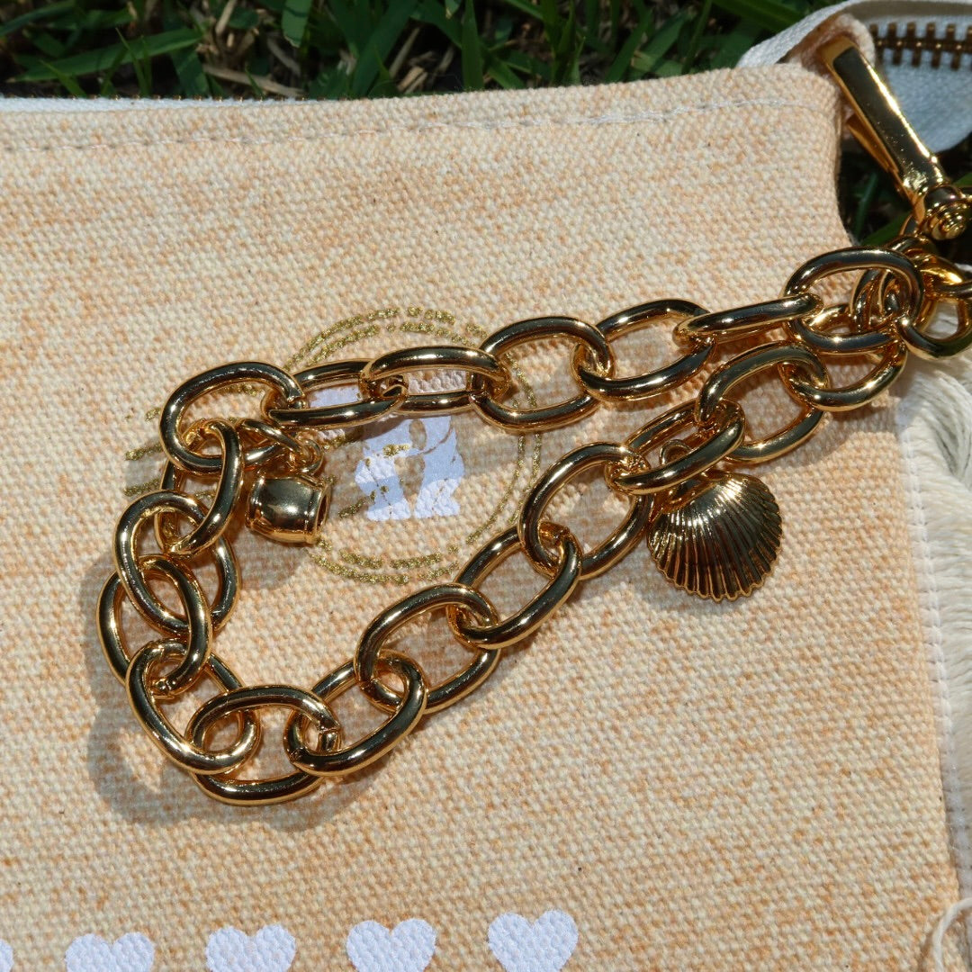 Necessaire Flat Laranja Estampada (Dourado e Branco)