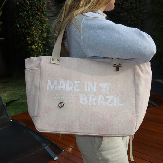 Bolsa Nuna Lilac com Alças de Couro Off White e Marrom