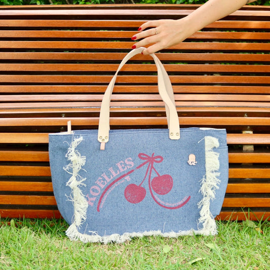 Bolsa Nuna Jeans Claro com Alças de Couro Bege