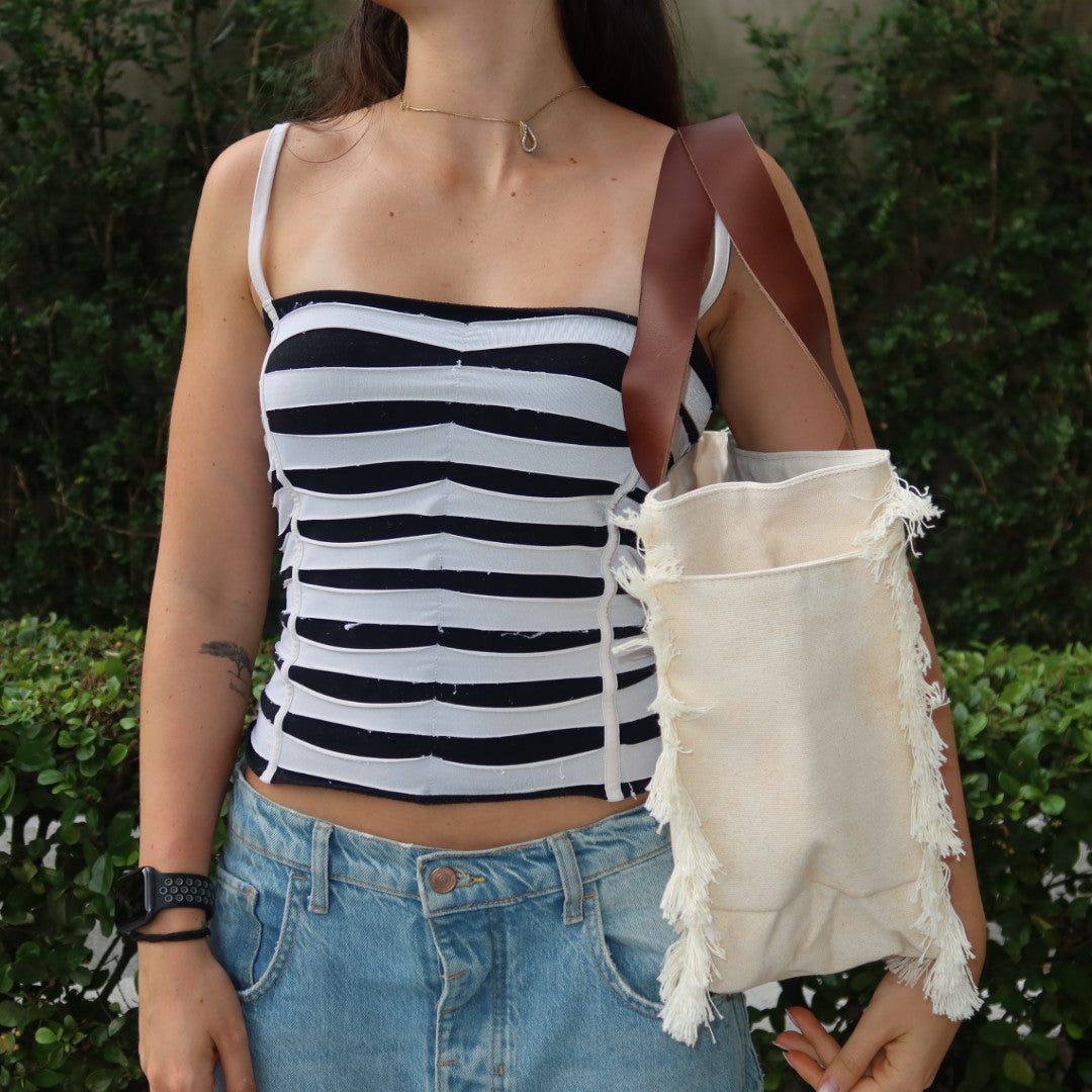 Bolsa Nuna Bege com Alças de Couro Marrom Escuro