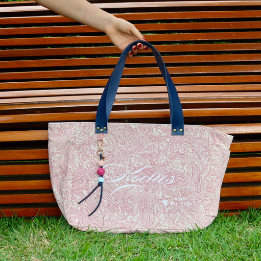 Bolsa Nuna Arabesque Rosa com Alças de Couro Marinho