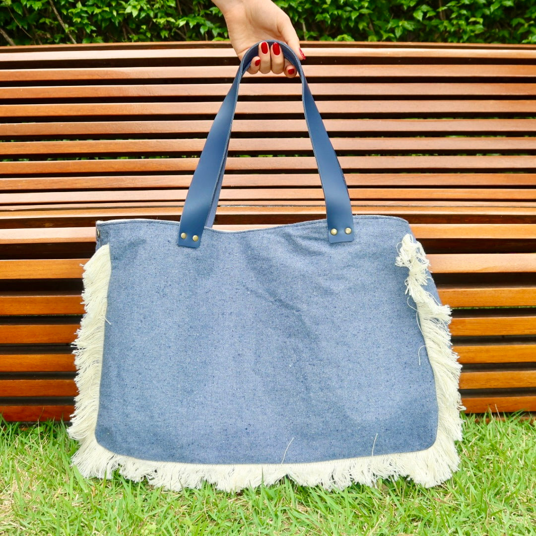 Bolsa Wallow Jeans com Alça de Couro Marinho