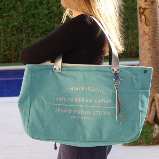 Bolsa Wallow Turquesa com Alça de Couro Prata com Zíper