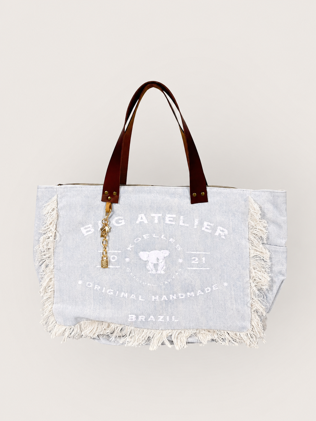 Bolsa Wallow Azul com Alça de Couro Marrom com Zíper