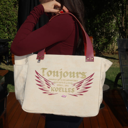 Bolsa Nuna Bege com Alças de Couro Rosa Escuro