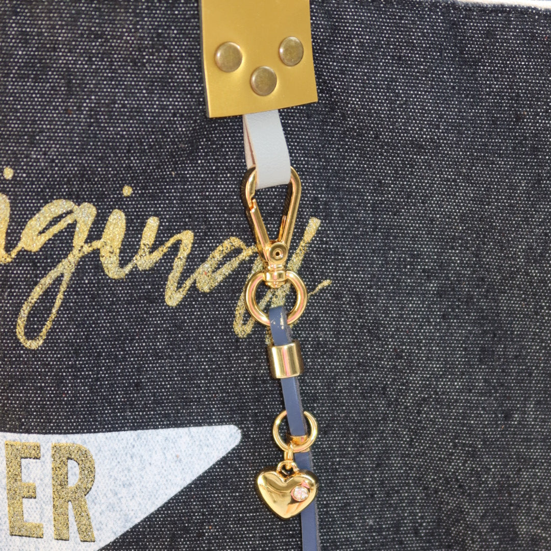 Bolsa Wallow Jeans Escuro com Alça de Couro Dourado