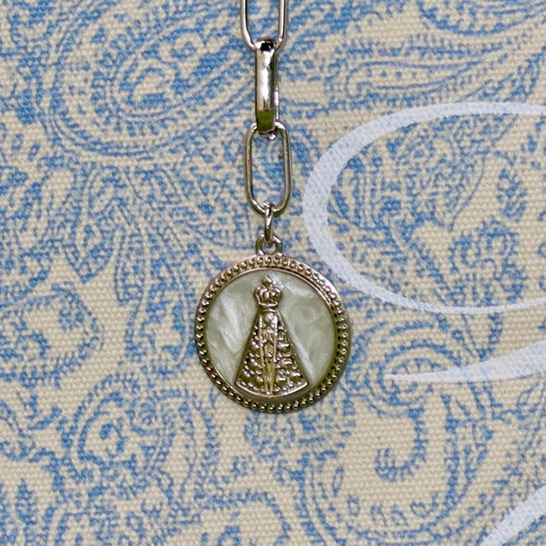 Bolsa Nuna Arabesque Azul com Alças de Couro Marrom Escuro