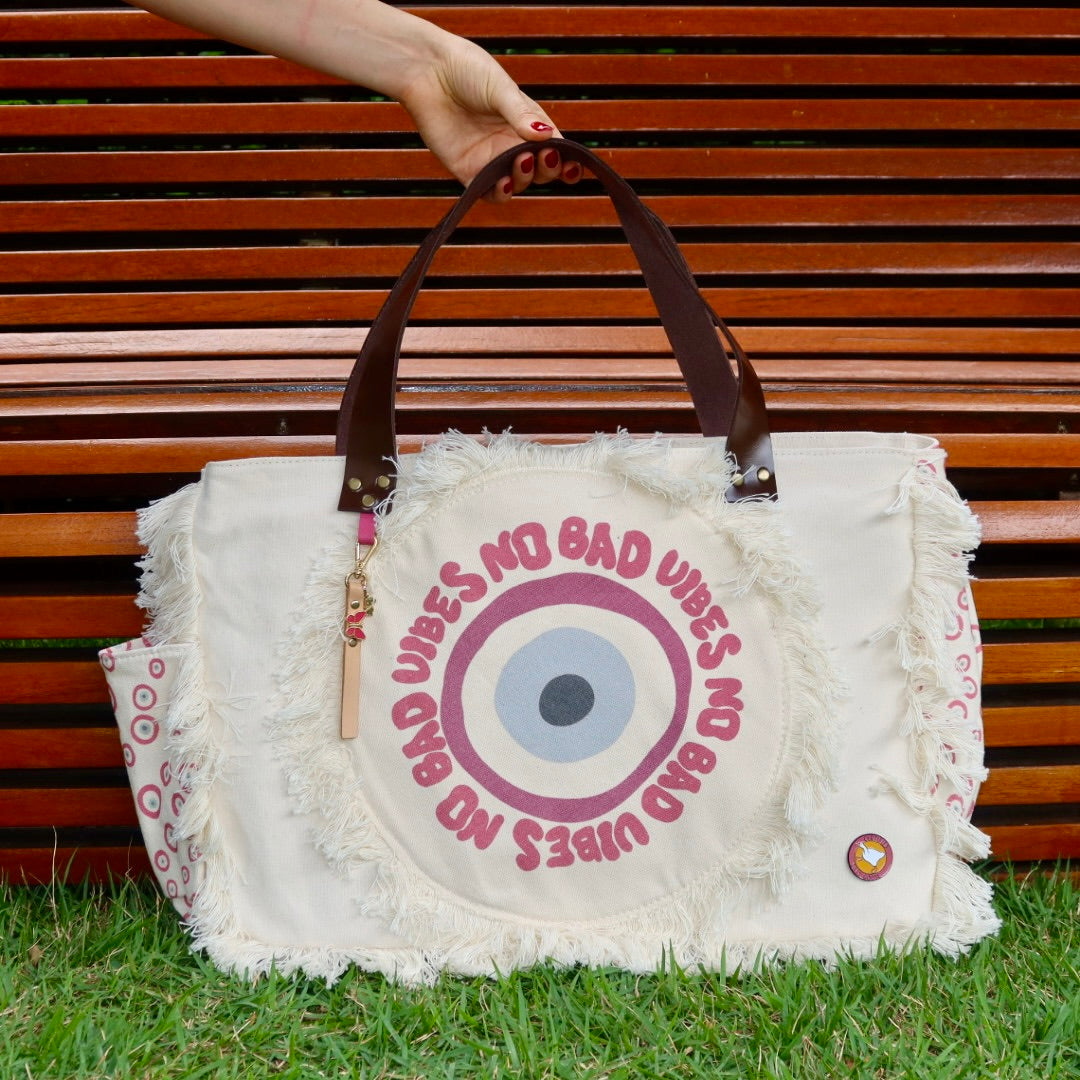 Bolsa Wallow Good Vibes Rosa com Alça de Couro Marrom Escuro com Zíper