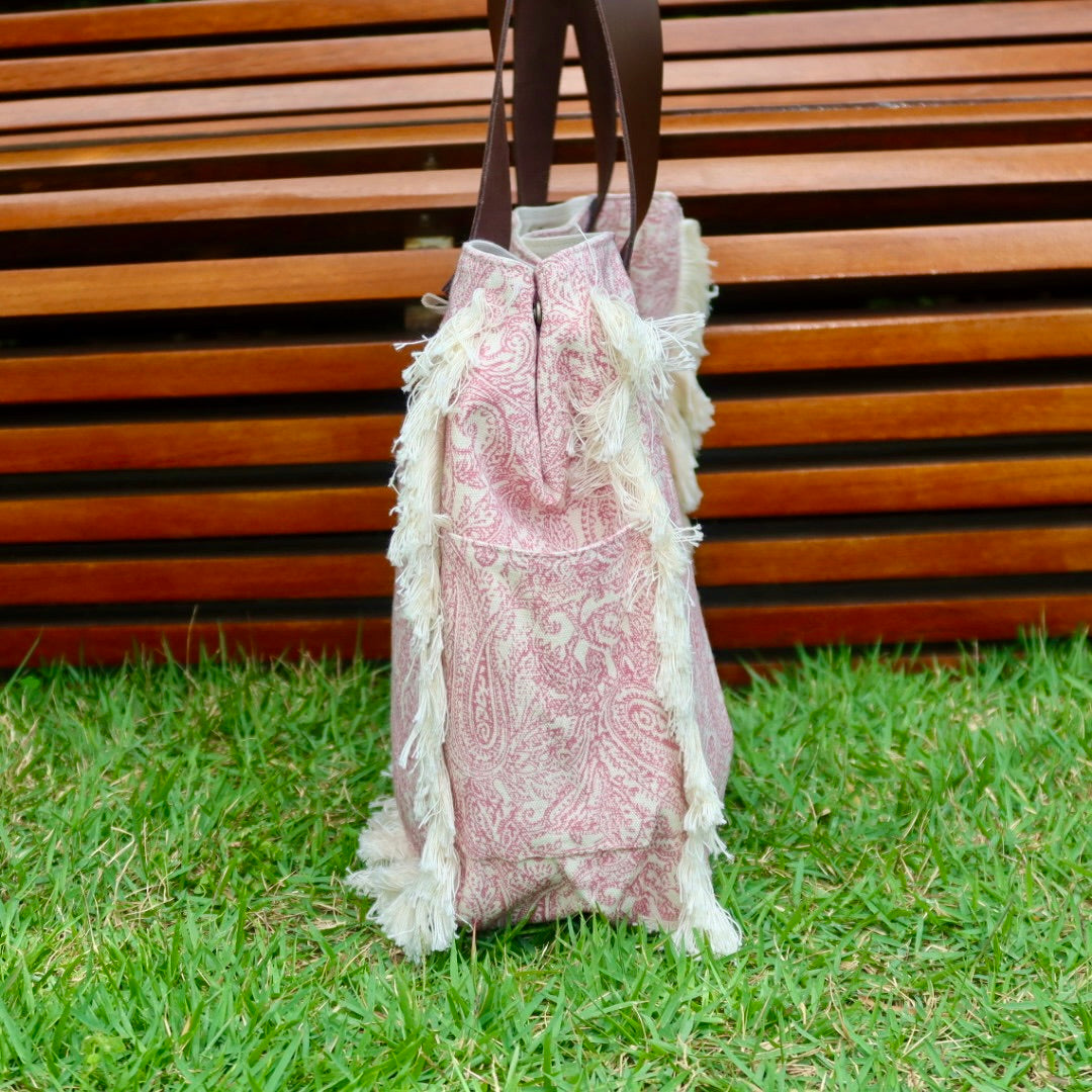 Bolsa Wallow Arabesque Rosa com Alça de Couro Marrom Escuro