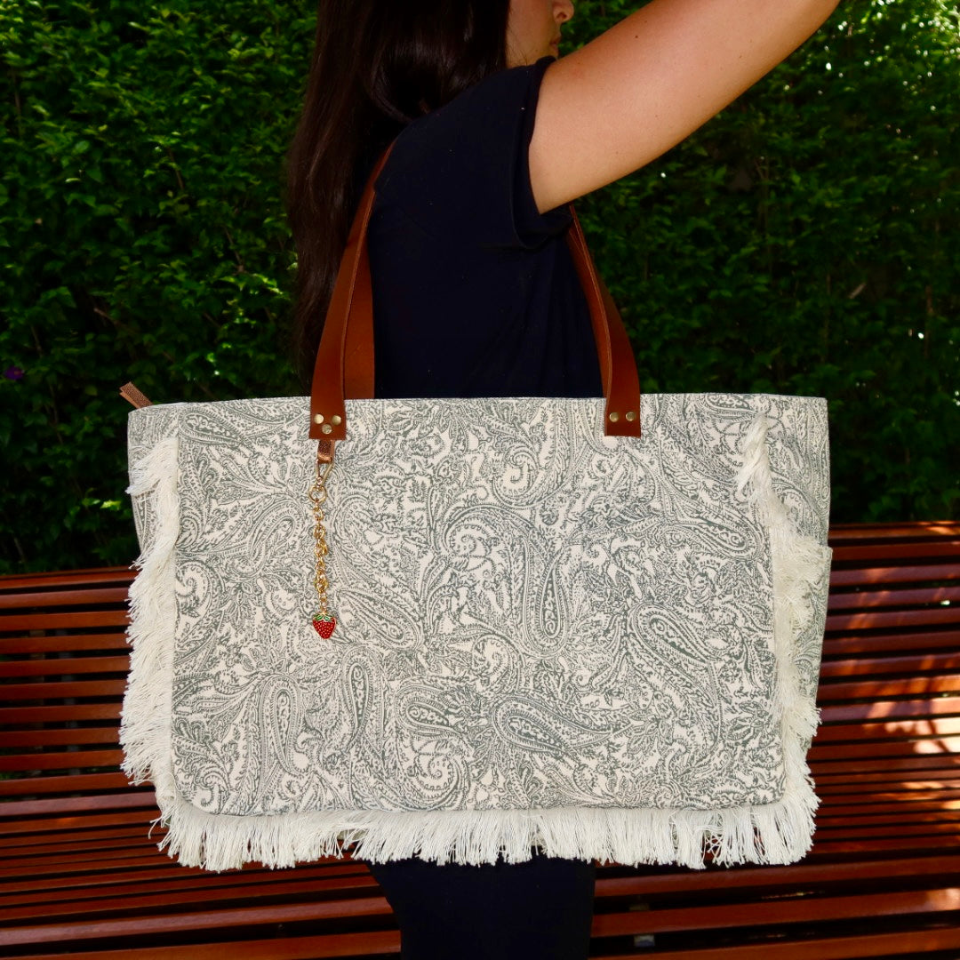 Bolsa Wallow Arabesque Verde com Alça de Couro Marrom com Zíper